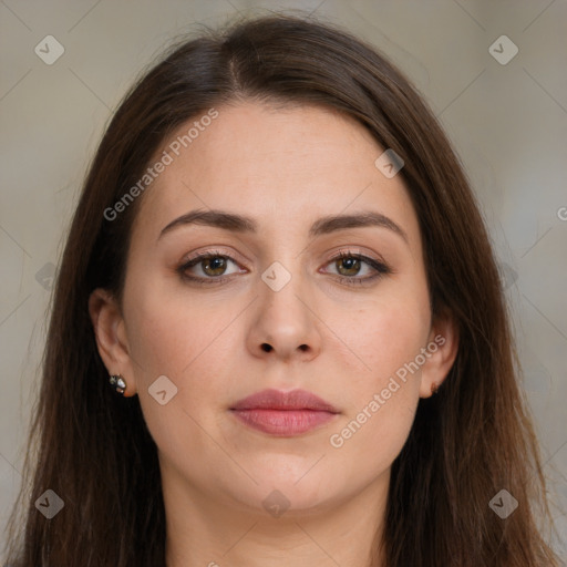 Neutral white young-adult female with long  brown hair and brown eyes