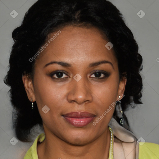 Joyful black adult female with short  brown hair and brown eyes