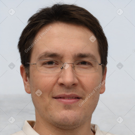 Joyful white adult male with short  brown hair and brown eyes