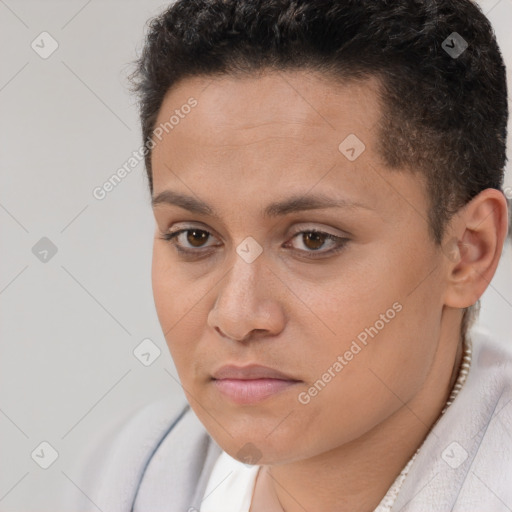 Neutral white young-adult female with short  brown hair and brown eyes