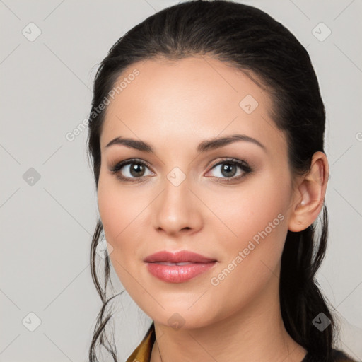 Neutral white young-adult female with long  black hair and brown eyes