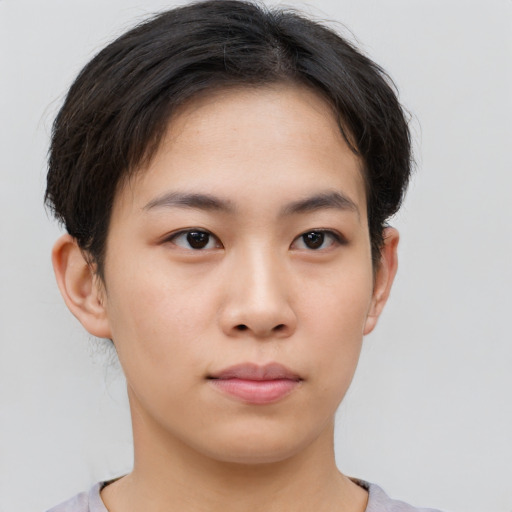 Neutral asian young-adult female with short  brown hair and brown eyes