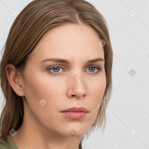 Neutral white young-adult female with long  brown hair and grey eyes