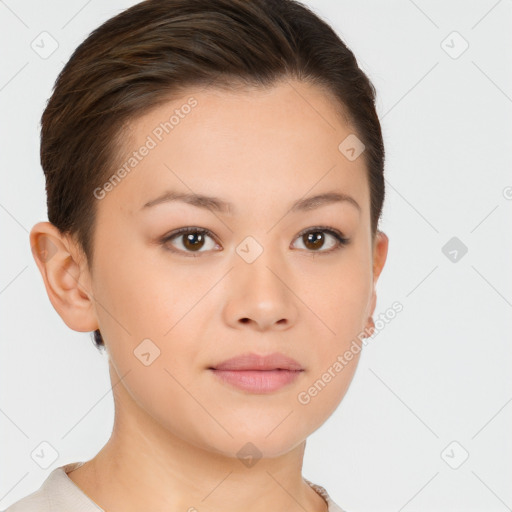 Neutral white young-adult female with short  brown hair and brown eyes