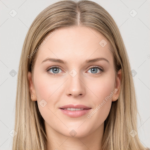 Joyful white young-adult female with long  brown hair and grey eyes