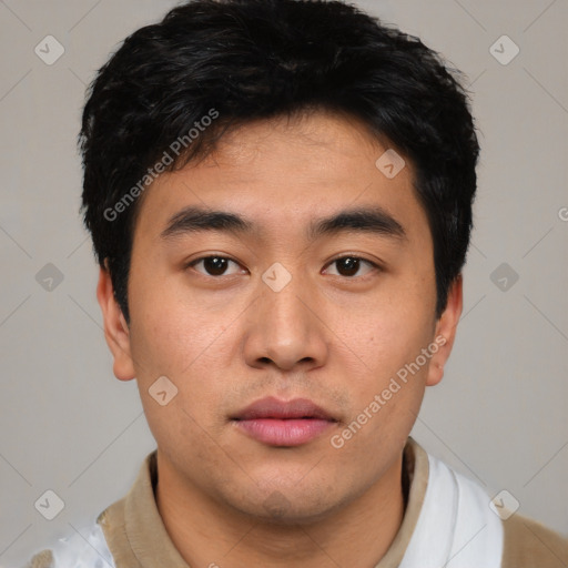 Neutral asian young-adult male with short  black hair and brown eyes