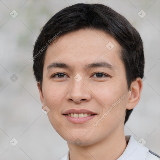 Joyful white young-adult male with short  black hair and brown eyes