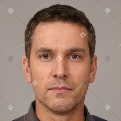 Neutral white adult male with short  brown hair and brown eyes