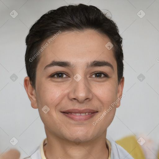 Joyful white young-adult male with short  brown hair and brown eyes