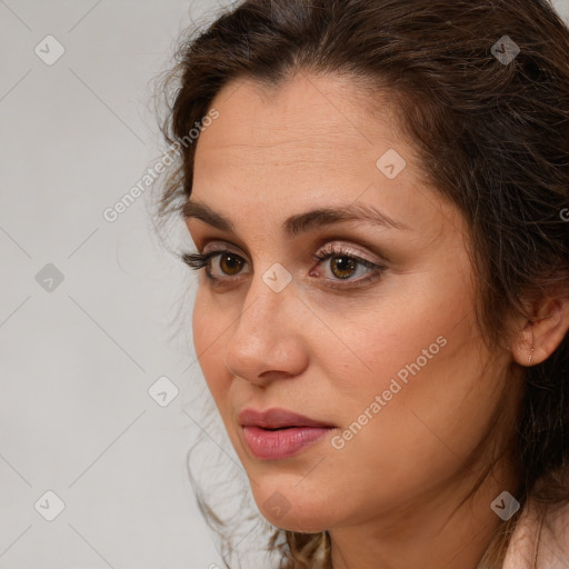 Neutral white young-adult female with medium  brown hair and brown eyes