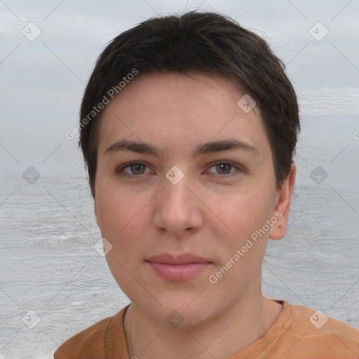 Neutral white young-adult female with short  brown hair and brown eyes