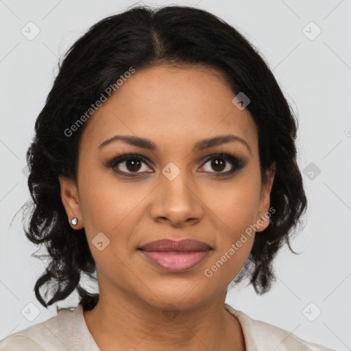 Joyful latino young-adult female with medium  brown hair and brown eyes