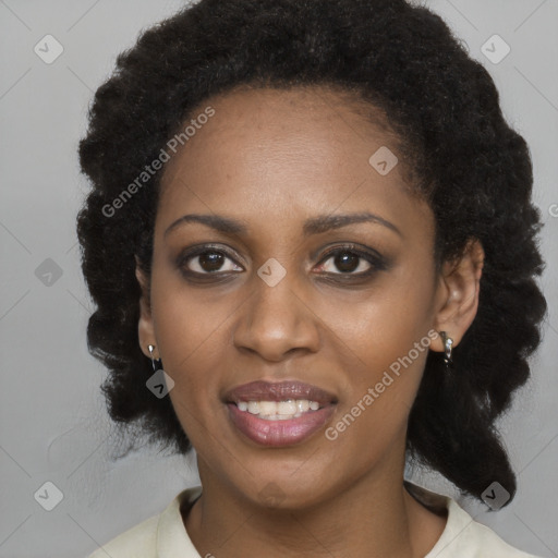 Joyful black young-adult female with medium  black hair and brown eyes