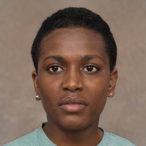 Neutral black young-adult female with short  black hair and brown eyes