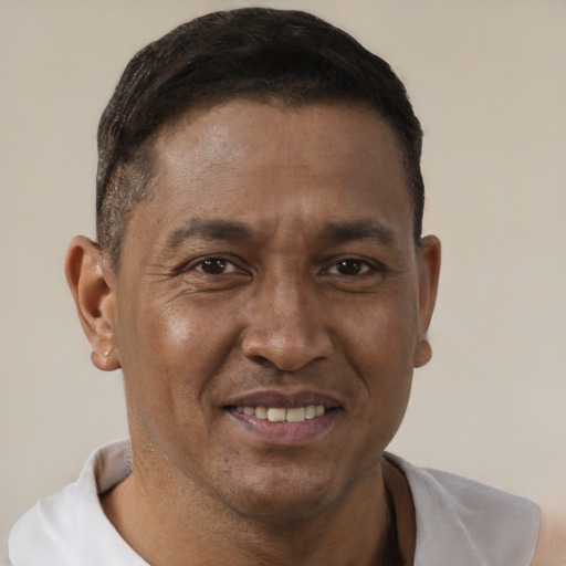 Joyful black adult male with short  brown hair and brown eyes