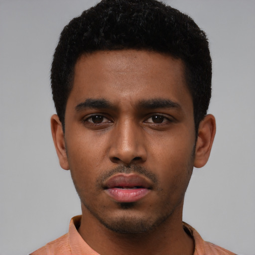 Neutral black young-adult male with short  black hair and brown eyes