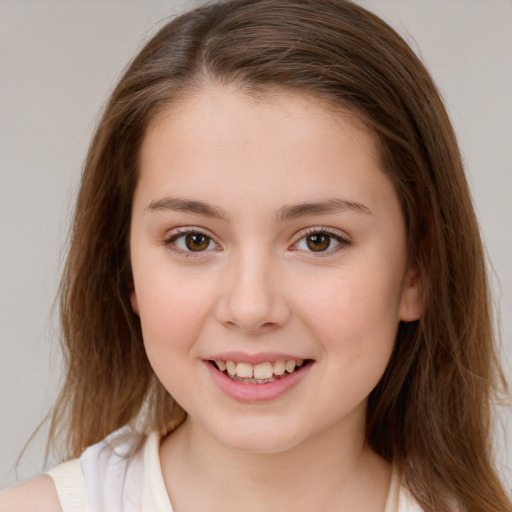 Joyful white child female with medium  brown hair and brown eyes