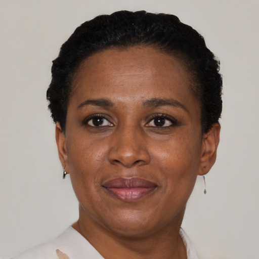 Joyful black adult female with short  black hair and brown eyes