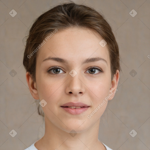 Neutral white young-adult female with medium  brown hair and brown eyes