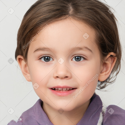 Joyful white child female with medium  brown hair and brown eyes