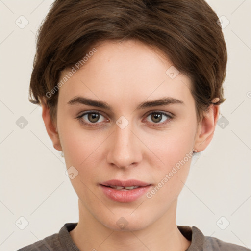 Neutral white young-adult female with short  brown hair and brown eyes