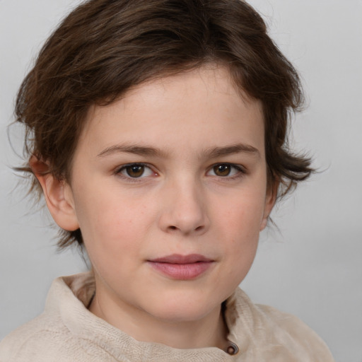 Joyful white child female with medium  brown hair and brown eyes