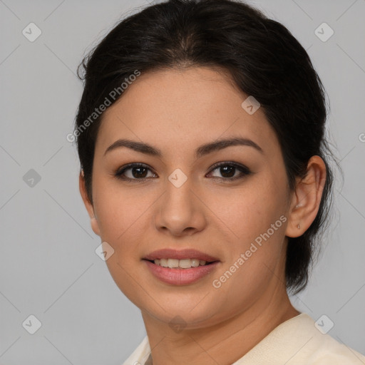 Joyful latino young-adult female with medium  brown hair and brown eyes