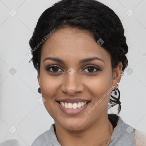 Joyful black young-adult female with medium  black hair and brown eyes