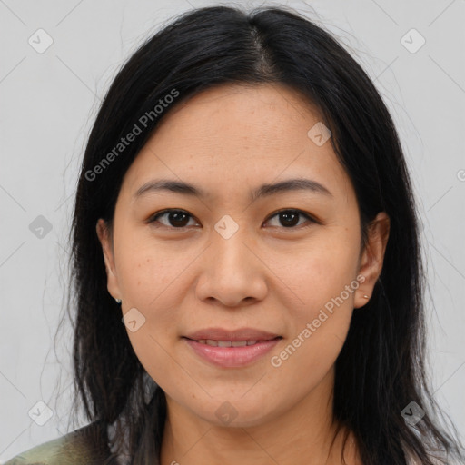 Joyful asian young-adult female with medium  brown hair and brown eyes