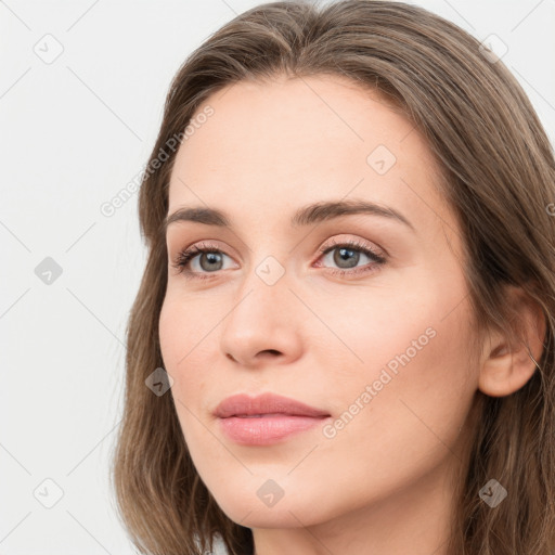 Neutral white young-adult female with long  brown hair and grey eyes