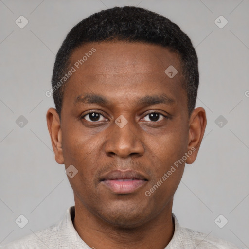 Neutral black young-adult male with short  black hair and brown eyes