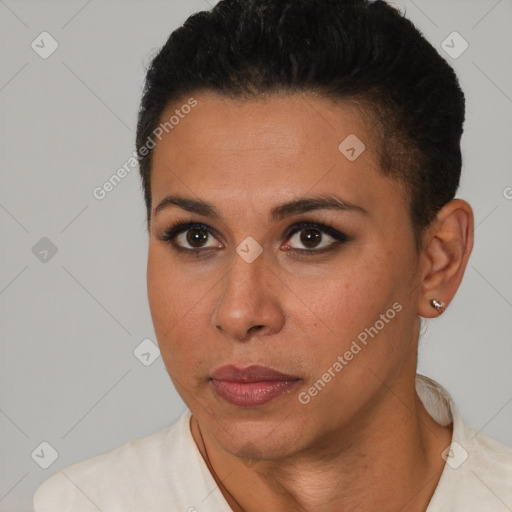 Neutral latino young-adult female with short  black hair and brown eyes