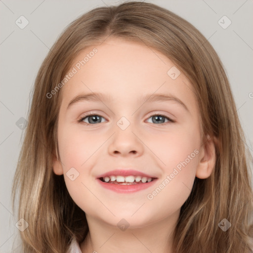 Joyful white child female with medium  brown hair and brown eyes