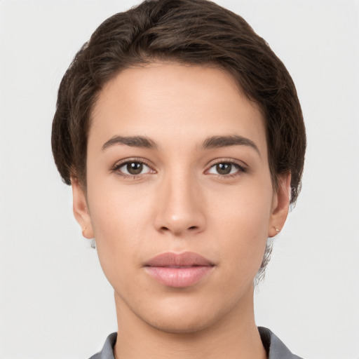 Neutral white young-adult female with short  brown hair and brown eyes