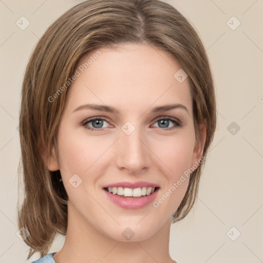 Joyful white young-adult female with medium  brown hair and green eyes