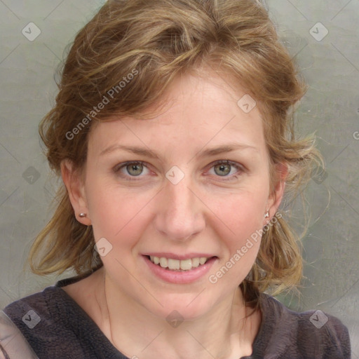 Joyful white young-adult female with medium  brown hair and blue eyes