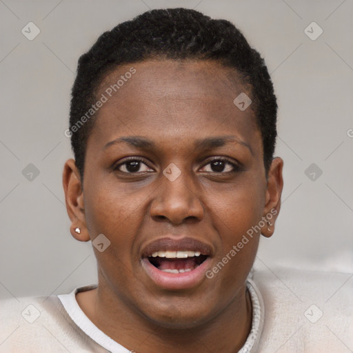 Joyful black young-adult female with short  brown hair and brown eyes