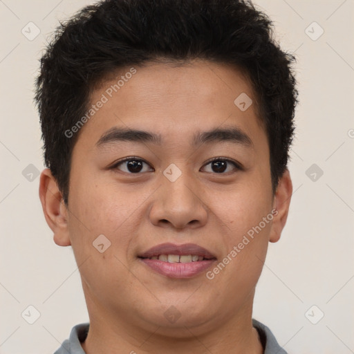 Joyful latino young-adult male with short  brown hair and brown eyes