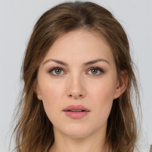 Neutral white young-adult female with medium  brown hair and brown eyes