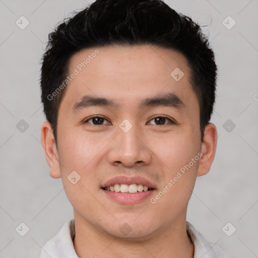 Joyful white young-adult male with short  black hair and brown eyes