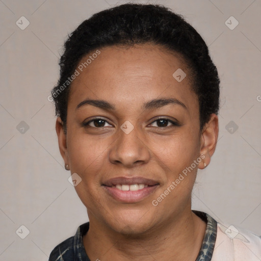 Joyful latino young-adult female with short  black hair and brown eyes