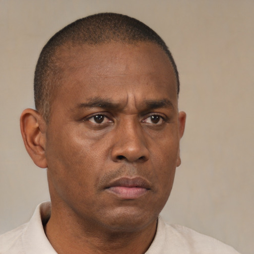 Neutral black adult male with short  brown hair and brown eyes