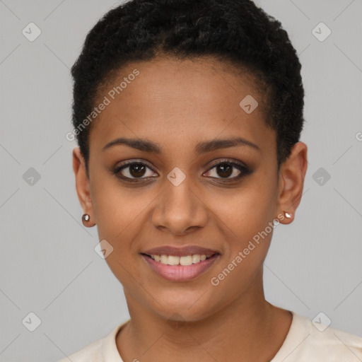 Joyful black young-adult female with short  brown hair and brown eyes