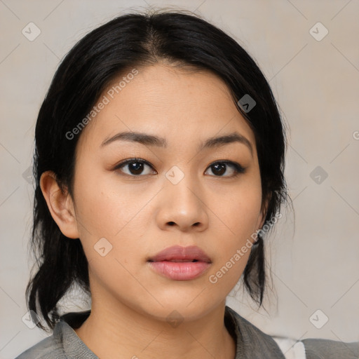 Neutral asian young-adult female with medium  black hair and brown eyes