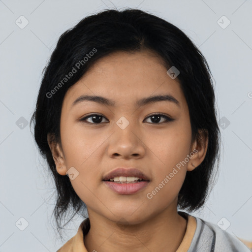 Neutral asian young-adult female with medium  black hair and brown eyes