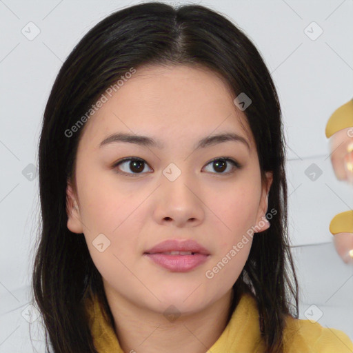 Neutral white young-adult female with medium  brown hair and brown eyes