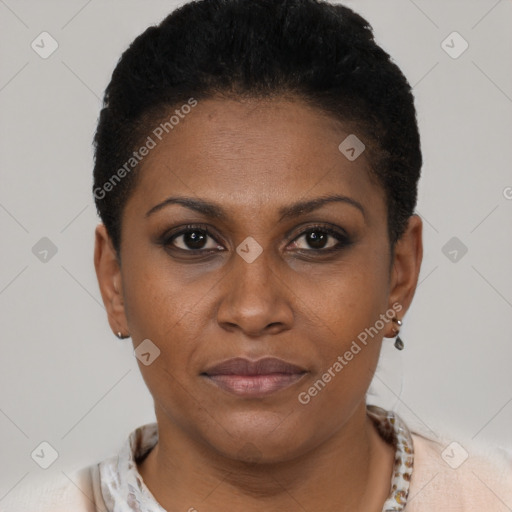 Joyful black young-adult female with short  brown hair and brown eyes