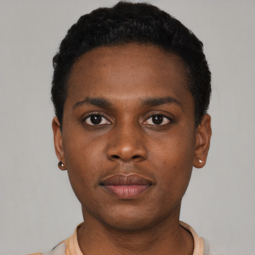 Neutral black young-adult male with short  black hair and brown eyes