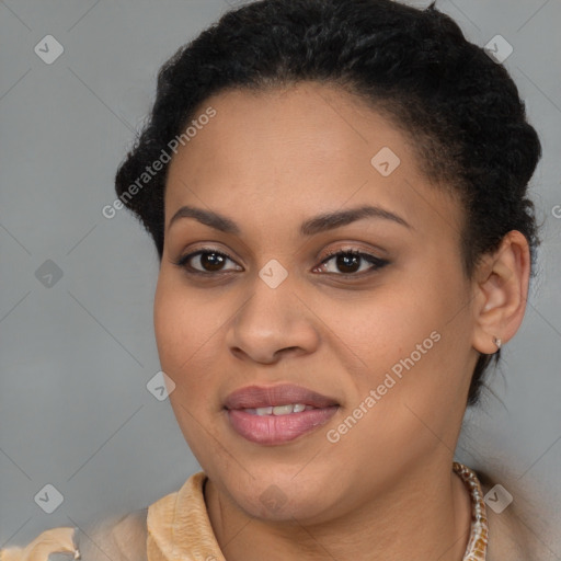 Joyful latino young-adult female with short  brown hair and brown eyes