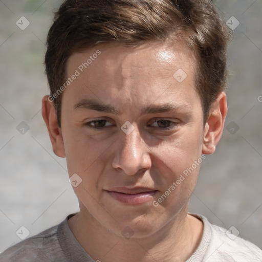 Joyful white adult male with short  brown hair and grey eyes